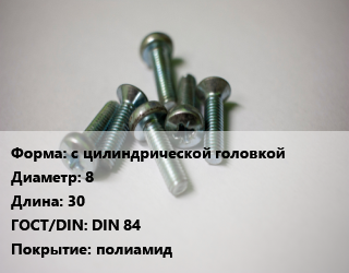 Винт с цилиндрической головкой 8х30 DIN 84 полиамид, цена за шт, кг цена от 22.5 ₼ / кг, где купить, условия доставки в Баку и Бакинская области